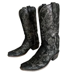 Lucchese Black Suede Snake Print + Embroidered Snip Toe Western Boots Womens 8B